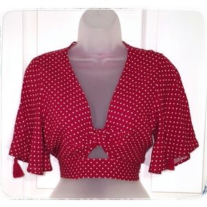 Red Polka Dot Flutter Sleeve Cropped Top Size S